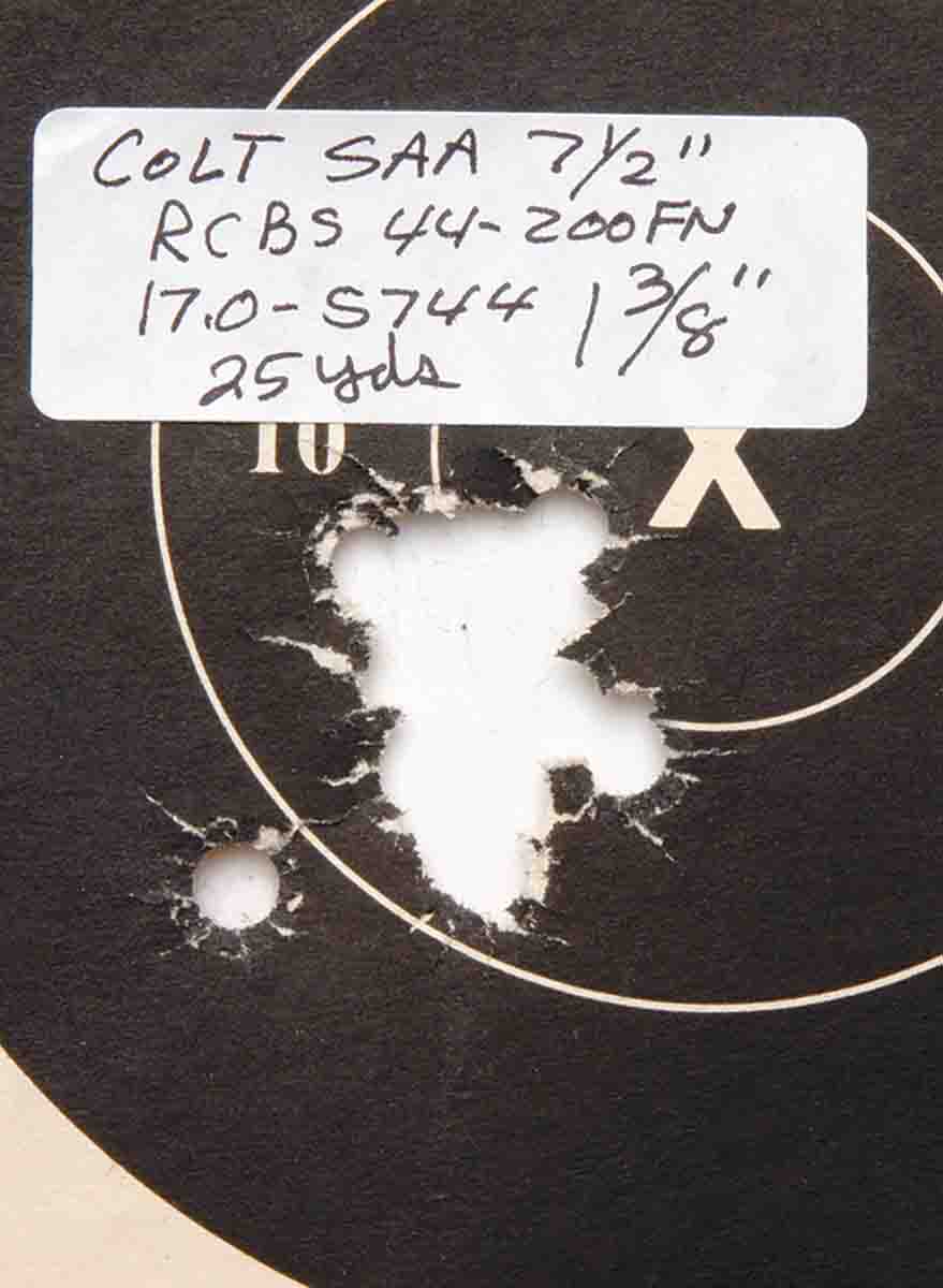 Accurate 5744 will also work well in some large-bore revolver cartridges. This 10-shot group from a .44-40 was fired from a machine rest at 25 yards.